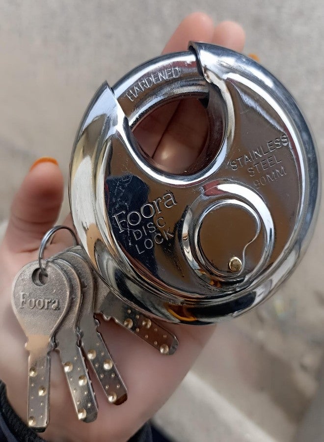 Foora Disc 90mm Door Polished Steel Lock with with 4 Hi-Tech Brass Separate Keys (Silver) Home Shutter Lock,Stainless Steel, Hardened Shackle, Glossy Rust Resistance.(Original Picture) - Image 2